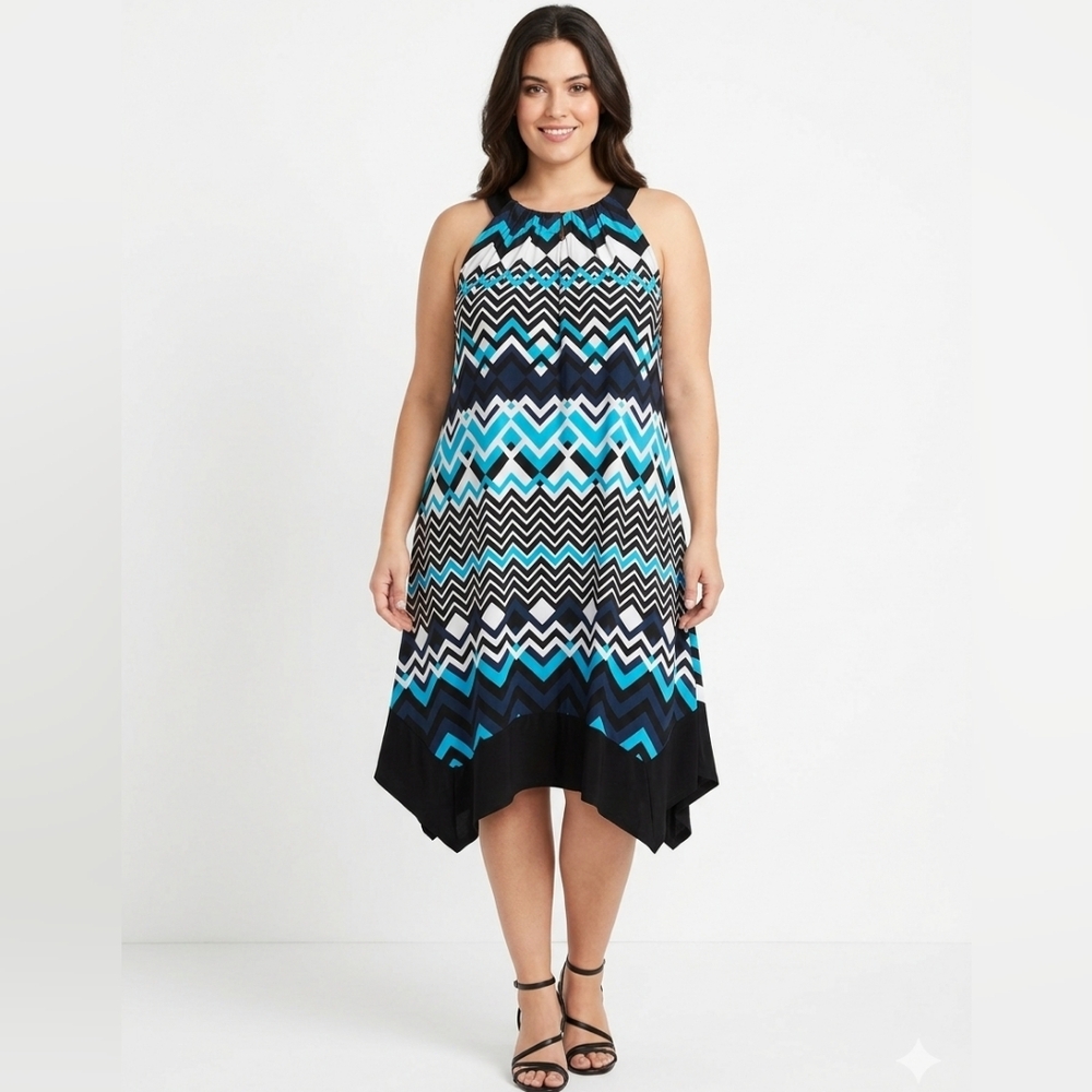 Enfocus Woman Chevron Halter Dress Sharkbite Hem Blue Black 16W